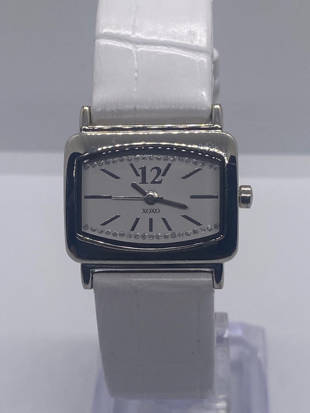 XOXO Silver-Tone Rectangular Dial Watch with White Strap